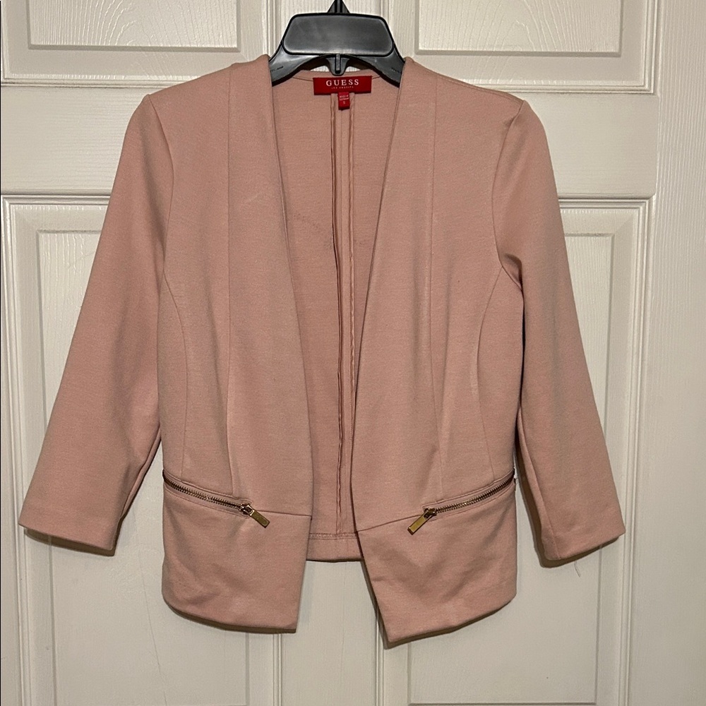 GUESS Blush Pink Open-Front Blazer with Gold Zipper Accents